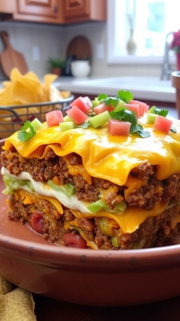 A colorful six-layer taco casserole with beef, beans, cheese, lettuce, and tomatoes, served with tortilla chips.